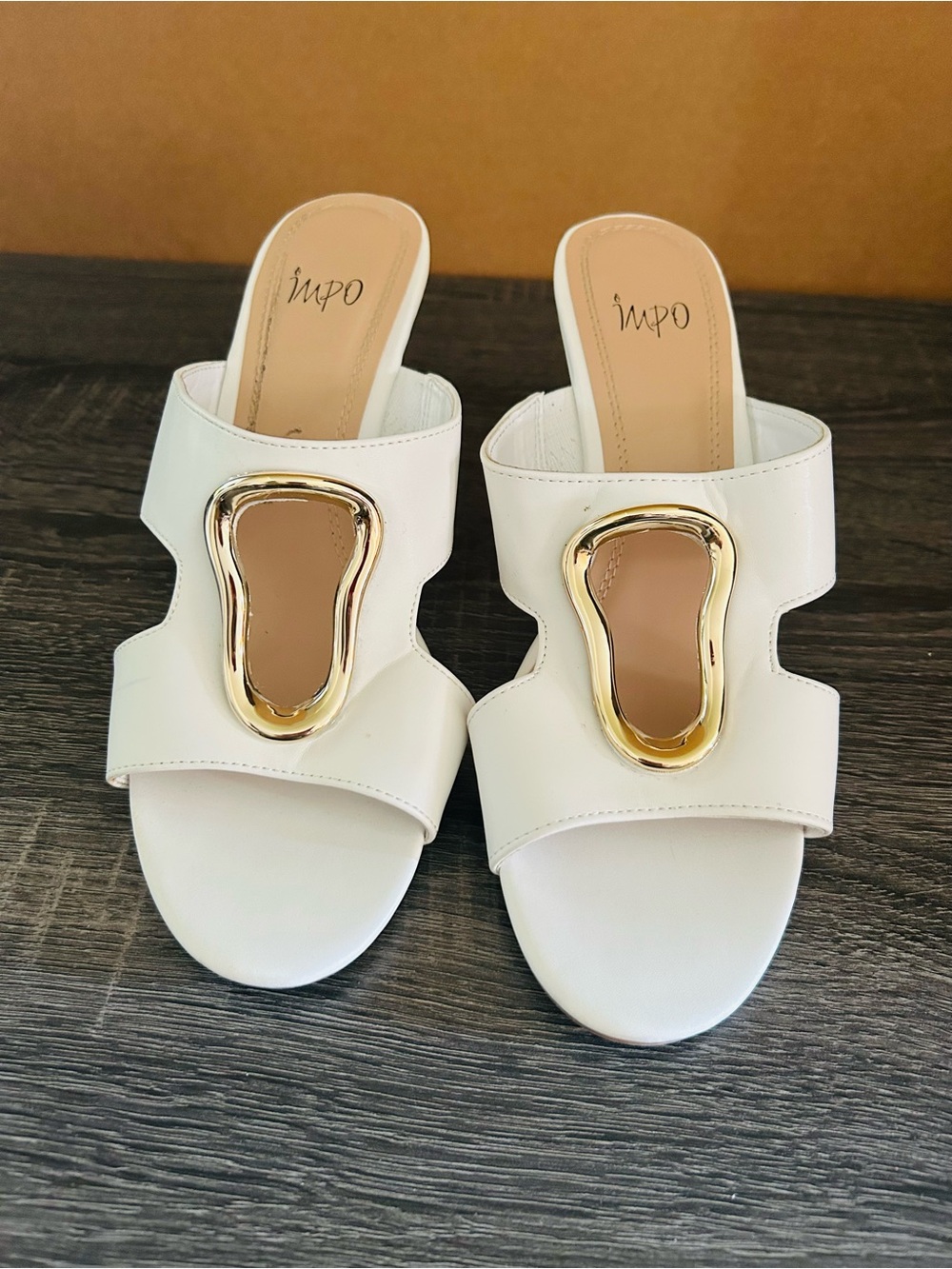 Impo White Slide Mules with Gold Accent Hardware